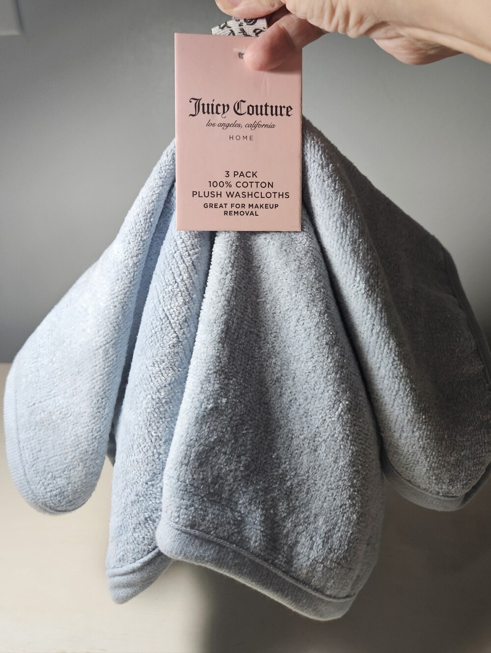 NWT Juicy Couture Home Light Blue Plush Washcloths 3-Pack 100% Cotton